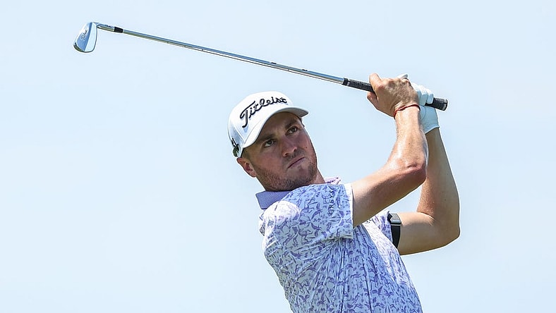 Jul 27, 2023; Blaine, Minnesota, USA; Justin Thomas hits his tee shot on the 3rd hole during the first round of the 3M Open golf tournament. Mandatory Credit: Matt Krohn-USA TODAY Sports