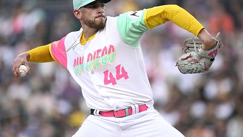 Jul 28, 2023; San Diego, California, USA; San Diego Padres starting pitcher Joe Musgrove (44) throws a pitch against the Texas Rangers during the first inning at Petco Park. Mandatory Credit: Orlando Ramirez-USA TODAY Sports