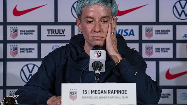 Jul 30, 2023; Auckland, NZL; United States forward Megan Rapinoe (15) answers questions from journalists during a U.S. soccer press conference amid the 2023 FIFA Women's World Cup. Mandatory Credit: Jenna Watson-USA TODAY Sports