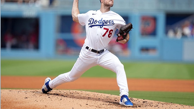 Jul 30, 2023; Los Angeles, California, USA; Los Angeles Dodgers starting pitcher Michael Grove (78) throws in the third inning against the Cincinnati Reds at Dodger Stadium. Mandatory Credit: Kirby Lee-USA TODAY Sports