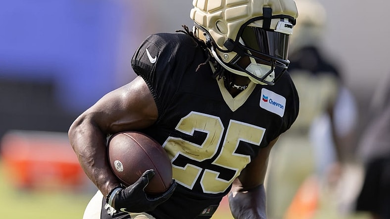 Jul 31, 2023; Metairie, LA, USA;  New Orleans Saints running back Kendre Miller (25) at Ochsner Sports Performance Center. Mandatory Credit: Stephen Lew-USA TODAY Sports