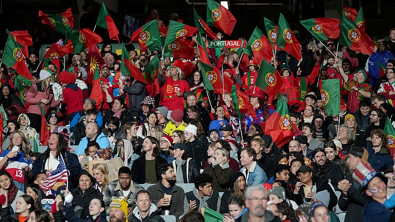 Aug 1, 2023; Auckland, NZL; Portugal fans before a group stage match against the United States during the 2023 FIFA Women's World Cup at Eden Park. Mandatory Credit: Jenna Watson-USA TODAY Sports