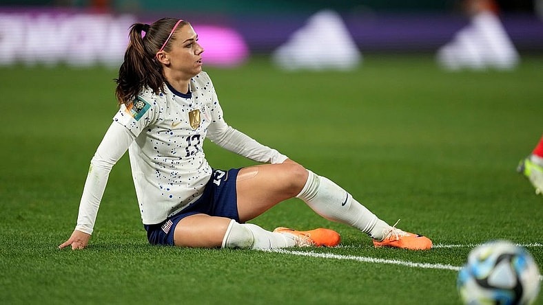 Aug 1, 2023; Auckland, NZL; United States forward Alex Morgan (13) reacts after a play during the second half a group stage match against Portugal during the 2023 FIFA Women's World Cup at Eden Park. Mandatory Credit: Jenna Watson-USA TODAY Sports