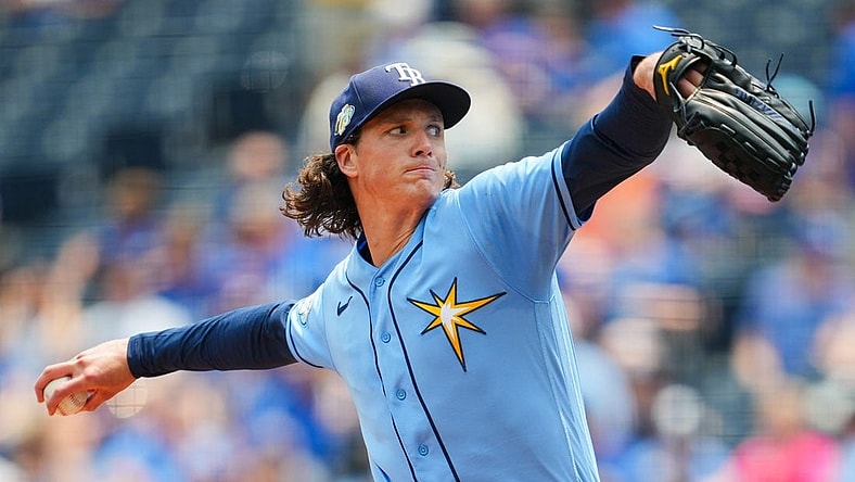Jul 15, 2023; Kansas City, Missouri, USA; Tampa Bay Rays starting pitcher Tyler Glasnow (20) warms up during the first inning against the Kansas City Royals at Kauffman Stadium. Mandatory Credit: Jay Biggerstaff-USA TODAY Sports