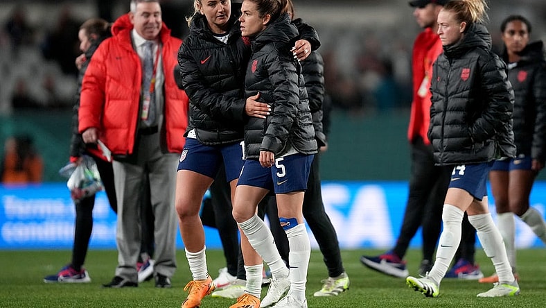 Aug 1, 2023; Auckland, NZL; United States midfielder Lindsey Horan (10) and defender Kelley O'Hara (5) after a group stage match against Portugal during the 2023 FIFA Women's World Cup at Eden Park. Mandatory Credit: Jenna Watson-USA TODAY Sports