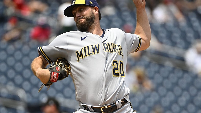 Aug 2, 2023; Washington, District of Columbia, USA; Milwaukee Brewers pitcher Wade Miley (20) throws to the Washington Nationals during the first inning at Nationals Park. Mandatory Credit: Brad Mills-USA TODAY Sports