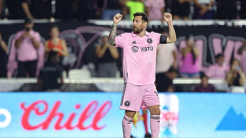 Aug 2, 2023; Fort Lauderdale, FL, USA; Inter Miami CF forward Lionel Messi (10) celebrates after scoring a goal against Orlando City SC during the second half at DRV PNK Stadium. Mandatory Credit: Nathan Ray Seebeck-USA TODAY Sports