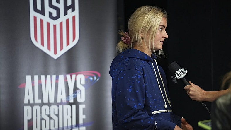 Aug 3, 2023; Auckland, NZL;  United States midfielder Lindsey Horan (10) does a television interview after a press conference amid the 2023 FIFA Women's World Cup. Mandatory Credit: Jenna Watson-USA TODAY Sports