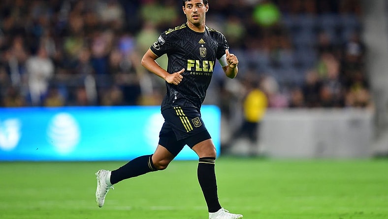 August 2, 2023; Los Angeles, CA, USA; Los Angeles FC forward Carlos Vela (10) in action against FC Juarez during the first half at BMO Stadium. Mandatory Credit: Gary A. Vasquez-USA TODAY Sports