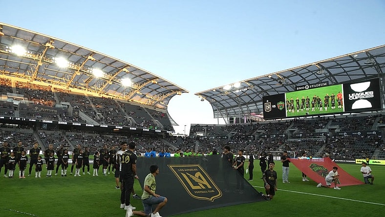 Aug 2, 2023; Los Angeles, CA, USA; LAFC and FC Juarez players are introduced during the game at BMO Stadium. Mandatory Credit: Kirby Lee-USA TODAY Sports