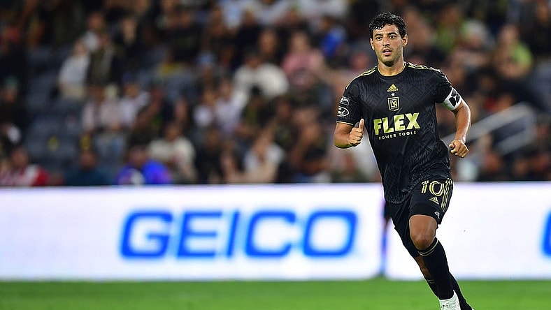 August 2, 2023; Los Angeles, CA, USA; Los Angeles FC forward Carlos Vela (10) in action against FC Juarez during the first half at BMO Stadium. Mandatory Credit: Gary A. Vasquez-USA TODAY Sports