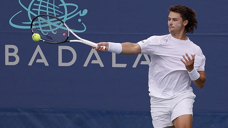 Aug 3, 2023; Washington, D.C., USA; J.J. Wolf (USA) hits a forehand against Michael Mmoh (USA) (not pictured) on day six of the Mubadala Citi DC Open at Fitzgerald Tennis Stadium. Mandatory Credit: Geoff Burke-USA TODAY Sports