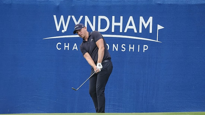 Aug 3, 2023; Greensboro, North Carolina, USA; Matt Wallace plays on the fifteenth green during the first round of the Wyndham Championship golf tournament. Mandatory Credit: David Yeazell-USA TODAY Sports