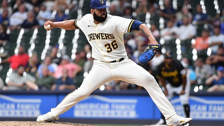 Aug 3, 2023; Milwaukee, Wisconsin, USA; Milwaukee Brewers relief pitcher J.C. Mejia (36) delivers a pitch against the Pittsburgh Pirates in the eighth inning at American Family Field. Mandatory Credit: Michael McLoone-USA TODAY Sports
