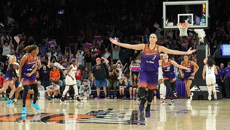 Aug 3, 2023; Phoenix, Arizona, USA; Phoenix Mercury guard Diana Taurasi (3) celebrates her 10,000th career point during the second half of the game against the Atlanta Dream at Footprint Center. Mandatory Credit: Joe Camporeale-USA TODAY Sports
