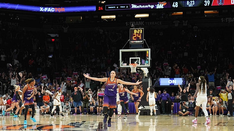 Aug 3, 2023; Phoenix, Arizona, USA; Phoenix Mercury guard Diana Taurasi (3) celebrates her 10,000th career point during the second half of the game against the Atlanta Dream at Footprint Center. Mandatory Credit: Joe Camporeale-USA TODAY Sports