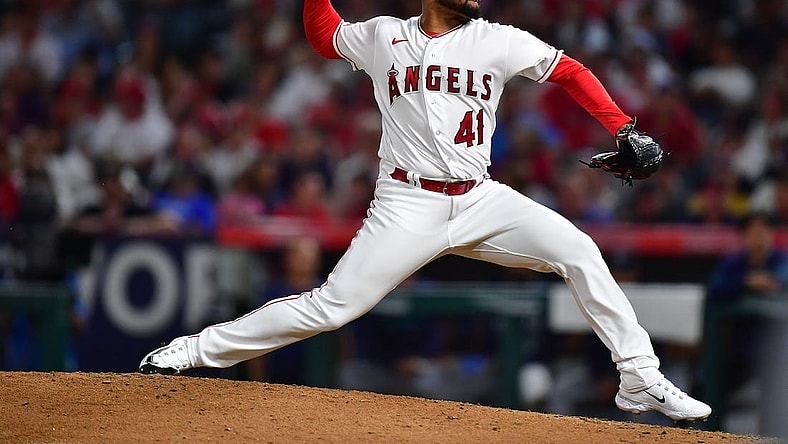 August 3, 2023; Anaheim, California, USA; Los Angeles Angels relief pitcher Reynaldo Lopez (41) throws against the Seattle Mariners during the eighth inning at Angel Stadium. Mandatory Credit: Gary A. Vasquez-USA TODAY Sports