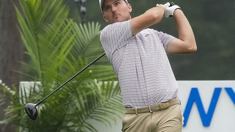 Aug 4, 2023; Greensboro, North Carolina, USA; Russell Henley plays from the 9th tee during the second round of the Wyndham Championship golf tournament. Mandatory Credit: David Yeazell-USA TODAY Sports