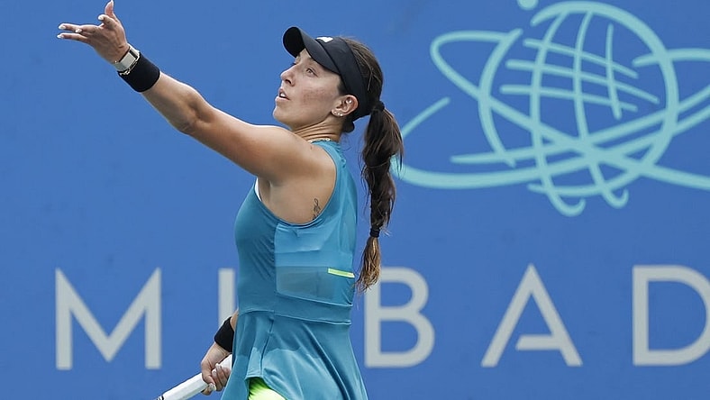 Aug 4, 2023; Washington, D.C., USA; Jessica Pegula (USA) serves against Elina Svitolina (UKR) (not pictured) on day seven of the Mubadala Citi DC Open at Fitzgerald Tennis Stadium. Mandatory Credit: Geoff Burke-USA TODAY Sports