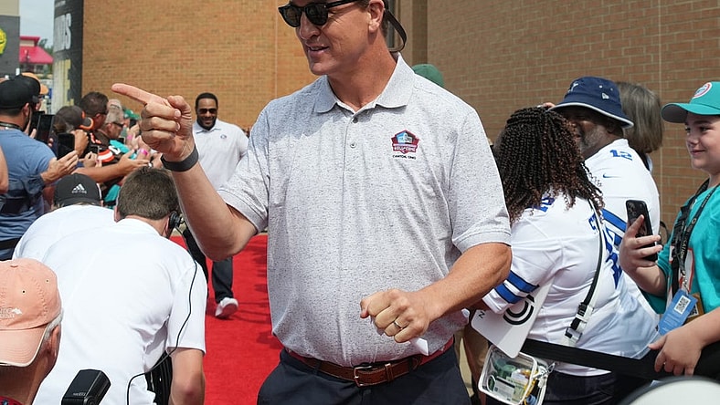 Aug 5, 2023; Canton, OH, USA; Peyton Manning arrives on the red carpet for the 2023 Pro Football Hall of Fame Enshrinement at Tom Benson Hall of Fame Stadium. Mandatory Credit: Kirby Lee-USA TODAY Sports