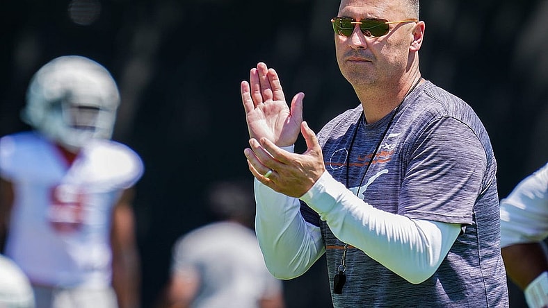 Longhorns Head coach Steve Sarkisian coaches his team during their first pre-season practice at the Denius Fields on Wednesday, Aug. 2, 2023.