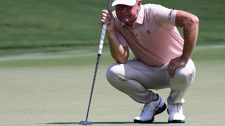 Aug 5, 2023; Greensboro, North Carolina, USA; Lucas Glover sets for a putt on the 8th green during the third round of the Wyndham Championship golf tournament. Mandatory Credit: David Yeazell-USA TODAY Sports