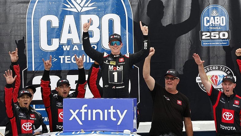 Aug 5, 2023; Brooklyn, Michigan, USA; Xfinity Series driver John Hunter Nemechek (20) reacts after winning the Cabo Wabo 250 at Michigan International Speedway. Mandatory Credit: Mike Dinovo-USA TODAY Sports