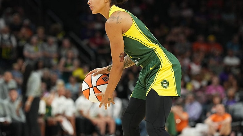 Aug 5, 2023; Phoenix, Arizona, USA; Seattle Storm forward Gabby Williams (5) dribbles against the Phoenix Mercury during the second half at Footprint Center. Mandatory Credit: Joe Camporeale-USA TODAY Sports