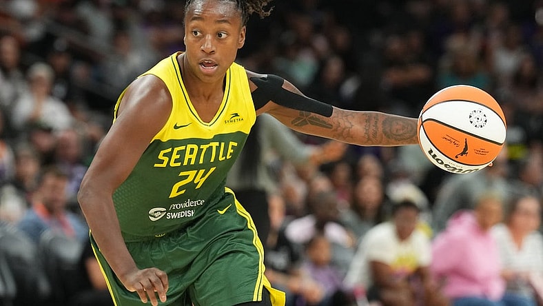 Aug 5, 2023; Phoenix, Arizona, USA; Seattle Storm guard Jewell Loyd (24) dribbles against the Phoenix Mercury during the second half at Footprint Center. Mandatory Credit: Joe Camporeale-USA TODAY Sports