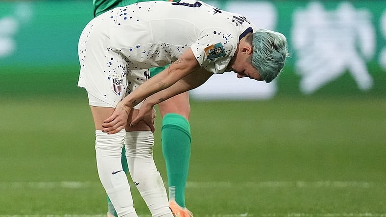 Aug 6, 2023; Melbourne, AUS; United States forward Megan Rapinoe (15) reacts after losing to Sweden in the penalty kick shootout during a Round of 16 match in the 2023 FIFA Women's World Cup at Melbourne Rectangular Stadium. Mandatory Credit: Jenna Watson-USA TODAY Sports
