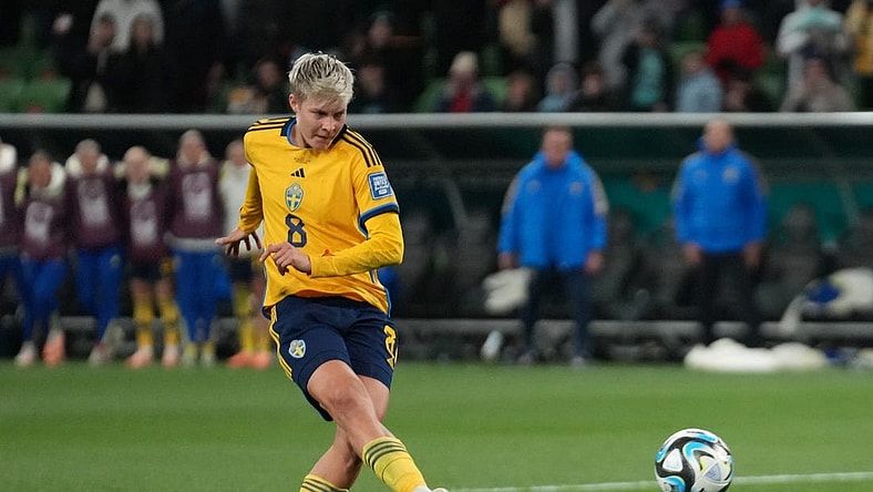 Aug 6, 2023; Melbourne, AUS; Sweden forward Lina Hurtig (8) shoots and scores the winning goal in the penalty kick shootout during a Round of 16 match in the 2023 FIFA Women's World Cup at Melbourne Rectangular Stadium. Mandatory Credit: Jenna Watson-USA TODAY Sports