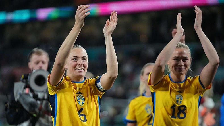 Aug 6, 2023; Melbourne, AUS; Sweden defender Magdalena Eriksson (6) and forward Fridolina Rolfo (18) celebrate after defeating the United States in the penalty kick shootout during a Round of 16 match in the 2023 FIFA Women's World Cup at Melbourne Rectangular Stadium. Mandatory Credit: Jenna Watson-USA TODAY Sports