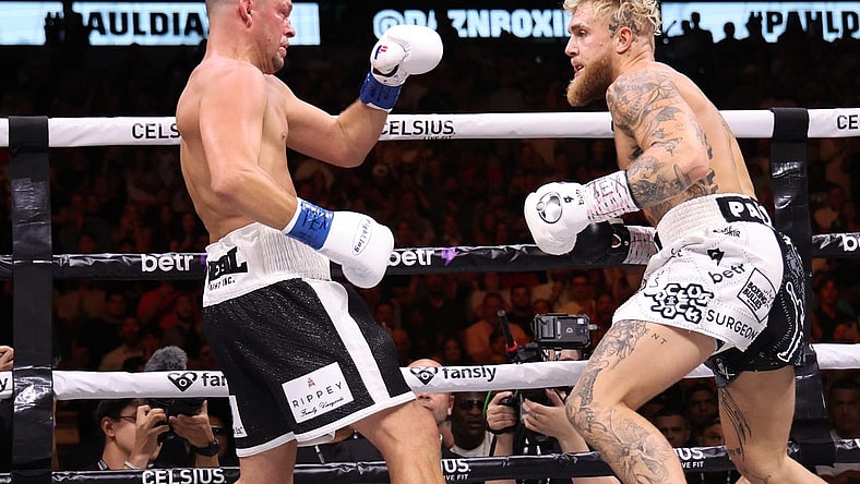 Aug 5, 2023; Dallas, Texas, USA;  Jake Paul (right) fights  against Nate Diaz in a boxing match at American Airlines Center. Mandatory Credit: Kevin Jairaj-USA TODAY Sports