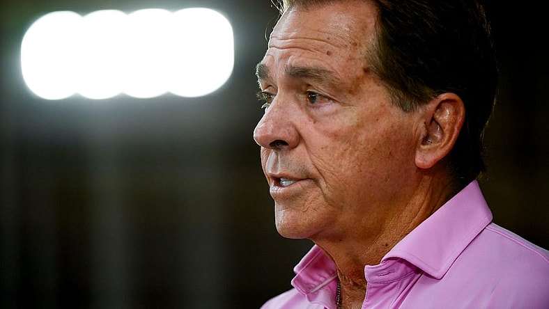 Alabama head football coach Nick Saban speaks to members of the media Sunday, August 6, 2023.