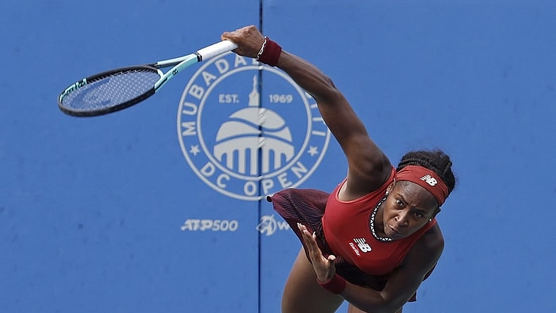 Aug 6, 2023; Washington, D.C., USA; Coco Gauff (USA) serves against Maria Sakkari (GRE) (not pictured) in the women's singles final on day nine of the Mubadala Citi DC Open at Fitzgerald Tennis Stadium. Mandatory Credit: Geoff Burke-USA TODAY Sports