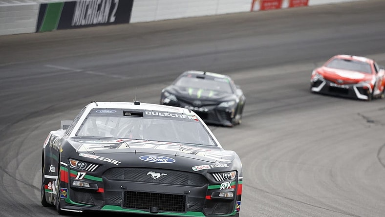 Aug 6, 2023; Brooklyn, Michigan, USA; NASCAR Cup Series driver Chris Buescher (17) during the FireKeepers Casino 400 at Michigan International Speedway. Mandatory Credit: Mike Dinovo-USA TODAY Sports