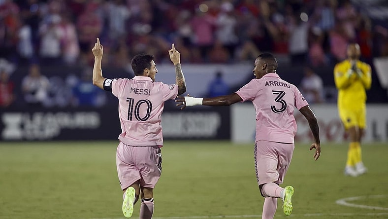 Aug 6, 2023; Frisco, TX, USA; Inter Miami CF forward Lionel Messi (10) celebrates with midfielder Dixon Arroyo (3) after scoring in the second half against FC Dallas at Toyota Stadium. Mandatory Credit: Tim Heitman-USA TODAY Sports