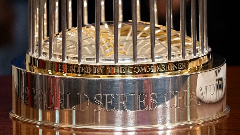 Aug 7, 2023; Washington, DC, USA; The MLB 2022 World Series trophy and a Houston Astros jersey are visible as President Joe Biden welcomes the team to the White House to celebrate their MLB 2022 World Series victory Monday, Aug. 7, 2023. Mandatory Credit: Josh Morgan-USA TODAY