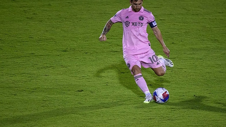 Aug 6, 2023; Frisco, TX, USA; Inter Miami forward Lionel Messi (10) in action during the game between FC Dallas and Inter Miami at Toyota Stadium. Mandatory Credit: Jerome Miron-USA TODAY Sports