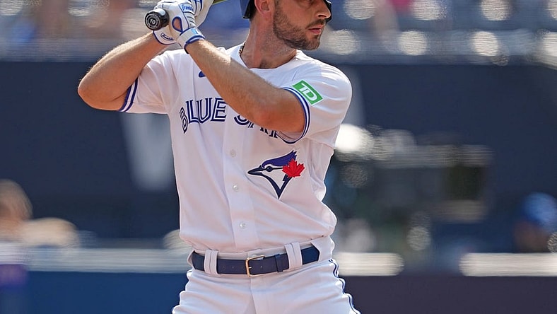Aug 3, 2023; Toronto, Ontario, CAN; Toronto Blue Jays shortstop Paul DeJong (10) waits for a pitch against the Baltimore Orioles during the fifth inning at Rogers Centre. Mandatory Credit: Nick Turchiaro-USA TODAY Sports