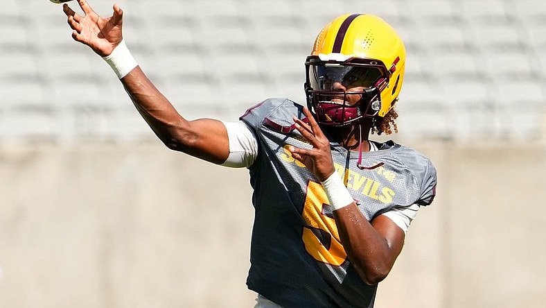 Arizona State quarterback Jaden Rashada (5) during football practice at Mountain America Stadium in Tempe on Aug. 8, 2023.