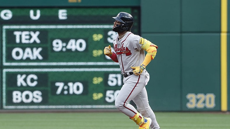 Aug 8, 2023; Pittsburgh, Pennsylvania, USA;  Atlanta Braves right fielder Ronald Acuna Jr. (13) circles the bases on a solo home run against the Pittsburgh Pirates during the first inning at PNC Park. Mandatory Credit: Charles LeClaire-USA TODAY Sports