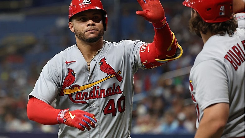 Aug 8, 2023; St. Petersburg, Florida, USA; St. Louis Cardinals catcher Willson Contreras (40) is congratulated after he hit a home run against the Tampa Bay Rays during the ninth inning at Tropicana Field. Mandatory Credit: Kim Klement Neitzel-USA TODAY Sports