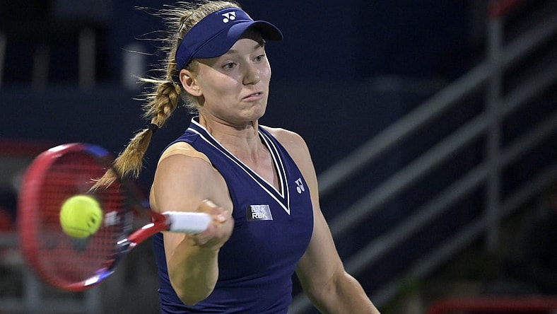 Aug 8, 2023; Montreal, Quebec, Canada; Elena Rybakina (KAZ) hits a forehand against Jennifer Brady (USA) (not pictured) during second round play at IGA Stadium. Mandatory Credit: Eric Bolte-USA TODAY Sports
