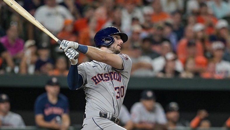 Aug 8, 2023; Baltimore, Maryland, USA;  Houston Astros right fielder Kyle Tucker (30) swings through a ninth inning grand slam against the Baltimore Orioles at Oriole Park at Camden Yards. Mandatory Credit: Tommy Gilligan-USA TODAY Sports