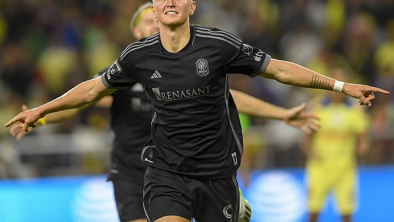 Aug 8, 2023; Nashville, TN, USA;  Nashville SC forward Sam Surridge (9) celebrates his goal against the Club America during the second half at GEODIS Park. Mandatory Credit: Steve Roberts-USA TODAY Sports