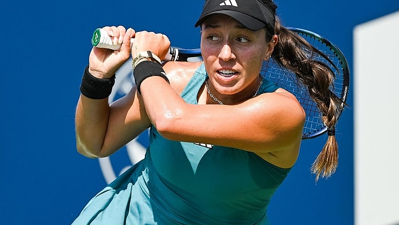 Aug 10, 2023; Montreal, Quebec, Canada; Jessica Pegula (USA) tracks her shot against Jasmine Paolini (ITA) (not pictured) during third round play at IGA Stadium. Mandatory Credit: David Kirouac-USA TODAY Sports