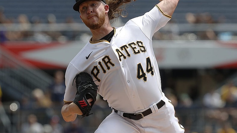 Aug 10, 2023; Pittsburgh, Pennsylvania, USA; Pittsburgh Pirates starting pitcher Bailey Falter (44) delivers a pitch against the Atlanta Braves during the first inning at PNC Park. Mandatory Credit: Charles LeClaire-USA TODAY Sports