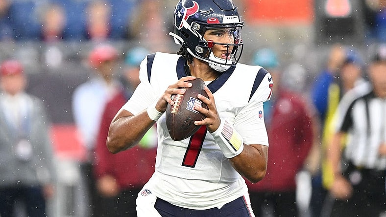 Aug 10, 2023; Foxborough, Massachusetts, USA; Houston Texans quarterback C.J. Stroud (7) looks to pass against the New England Patriots during the first half at Gillette Stadium. Mandatory Credit: Brian Fluharty-USA TODAY Sports