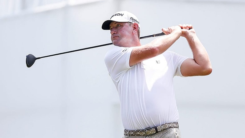 PGA Tour player Lucas Glover tees off on the eighteenth hole during the second round of the FedEx St. Jude Championship at TPC Southwind in Memphis, Tenn., on Friday, August 11, 2023.